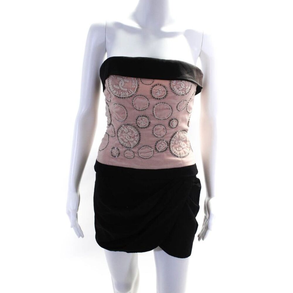 Chanel Boutique Womens Vintage Beaded CC Velour Cocktail Dress Black Pink Size 2